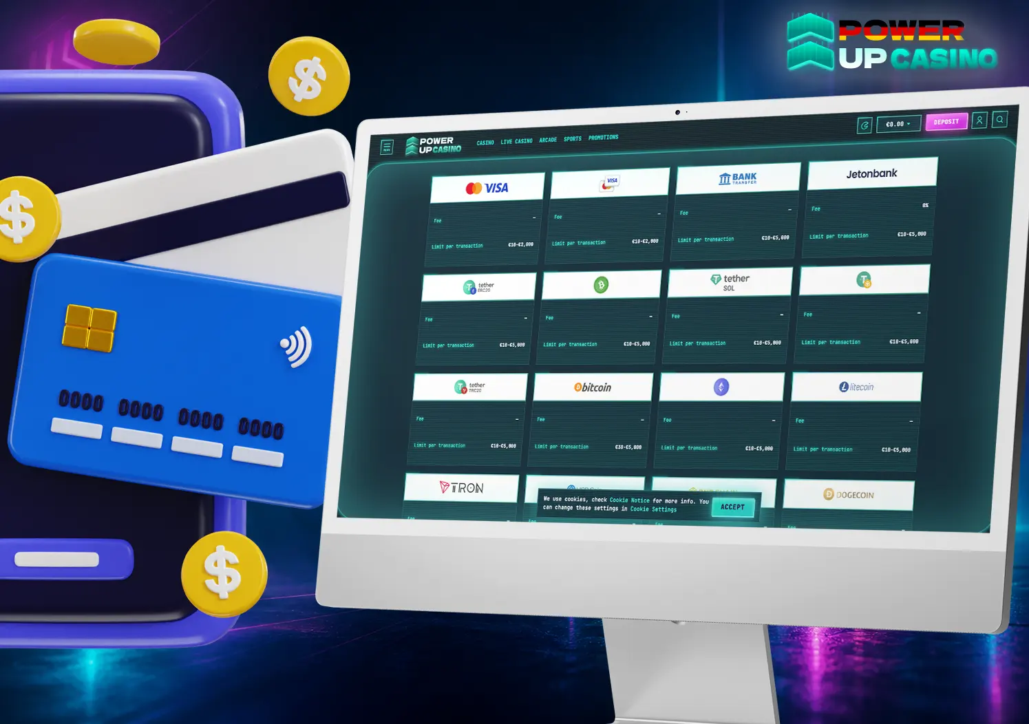 Zahlungsmethoden im Power Up Online-Casino: Visa, Banküberweisung und Kryptowährung