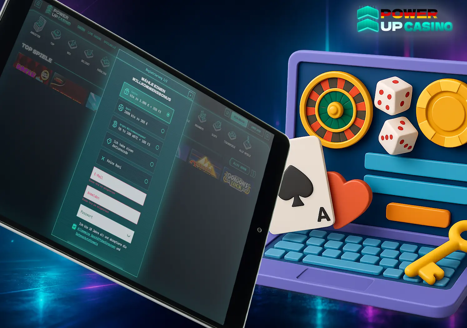 Registrieren Sie ein Power Up-Konto im Online-Casino über ein Formular auf einem Tablet