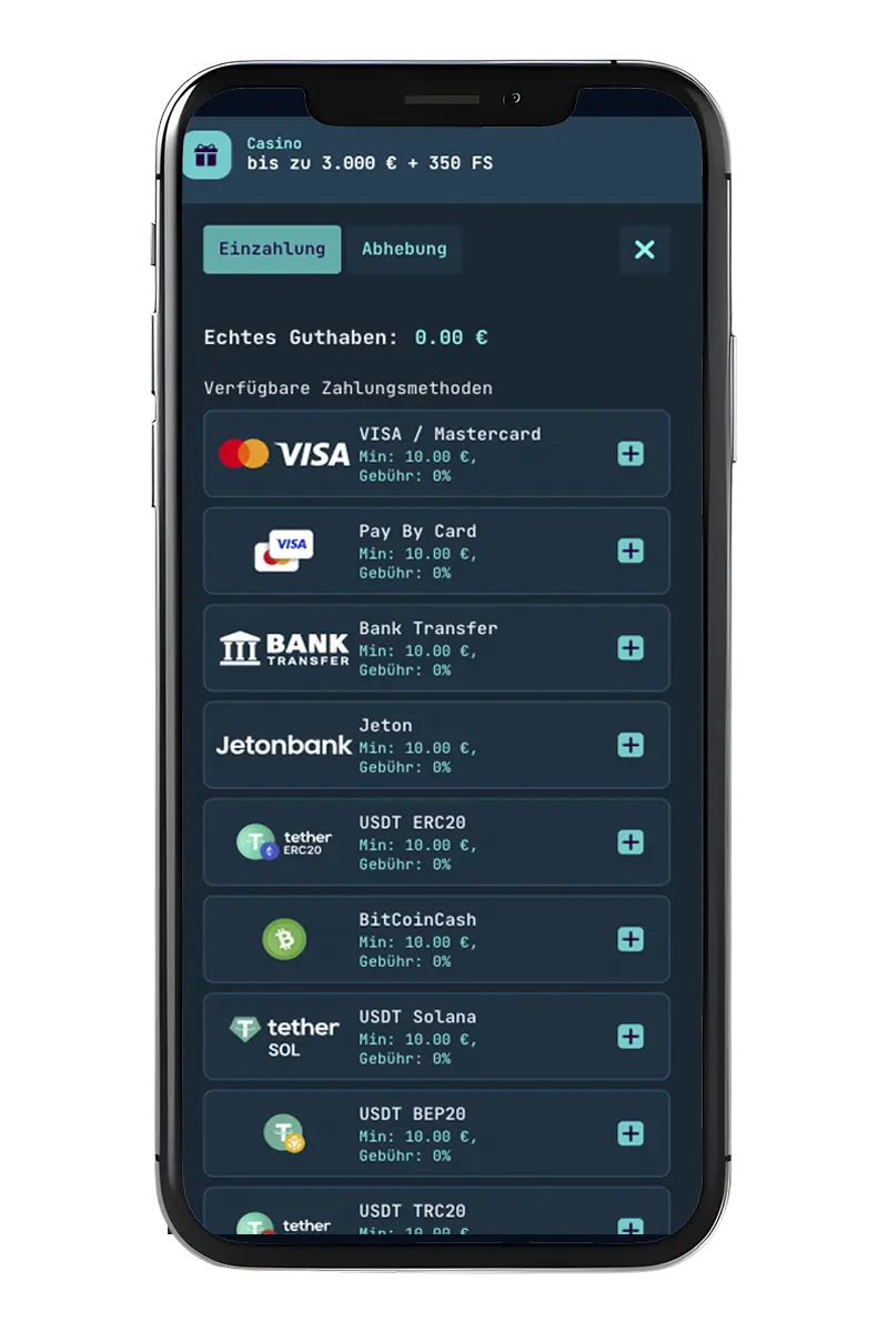 Bildschirm für mobile Casino-Zahlungsmethoden