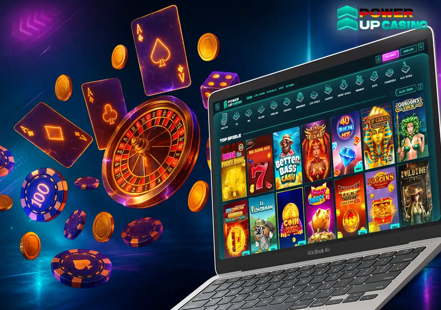 Online-Casino-Lobby mit einer Auswahl an Spielen auf Ihrem Laptop und Roulette